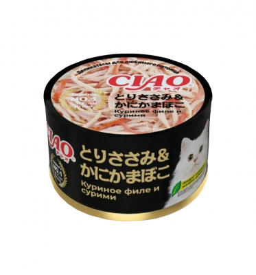 INABA Can корм влажный для кошек куриное филе и сурими, консервы 85г